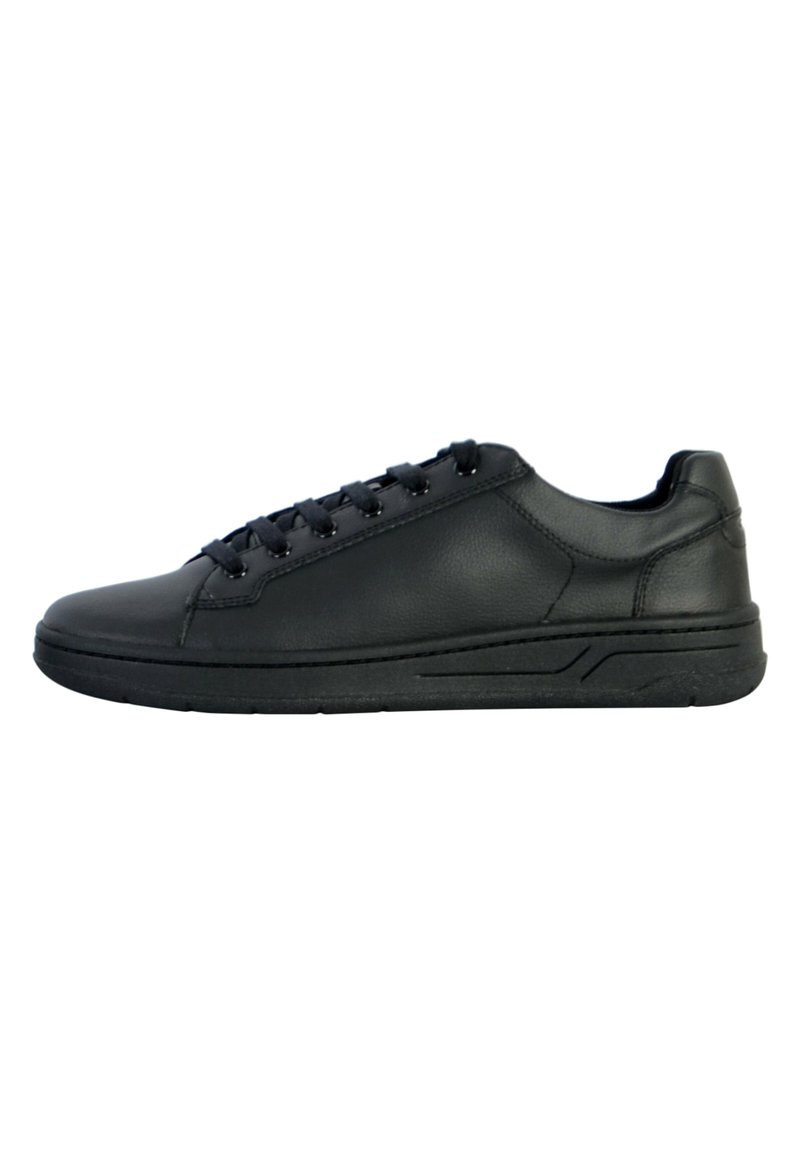 Schwarze Ledersneaker mit glatter Oberfläche, runder Zehenform, Schnürverschluss und strukturiertem schwarzen Gummisohle. Minimalistisch ohne sichtbare Akzente.