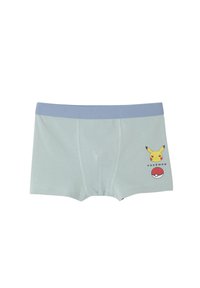 Light green cotton underwear with a blue elastic waistband. Features Pikachu graphic and Pokéball design on the front.