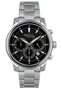 Montre Breil Tribe avec un bracelet en acier inoxydable, cadran noir texturé, index heures en argent et trois sous-cadrans pour les fonctions chronographe.