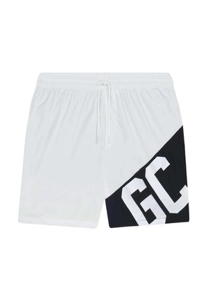 Weiße Shorts mit elastischem Bund und Kordelzug, mit einem schwarzen diagonalen Einsatz an einem Bein mit großen weißen Buchstaben "GC".