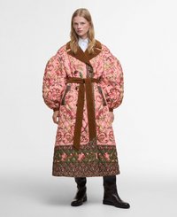Quilted robe in pink with floral embroidery, brown velvet collar and belt. Long, puffy sleeves and contrasting patterned hem details.