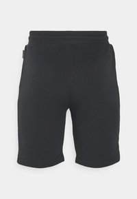 Pantaloni corti in cotone grigio scuro con una texture liscia, dotati di un elastico a coste in vita e orli arrotolati. Nessuna tasca o motivo visibile.