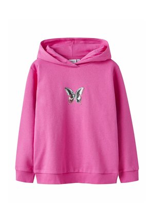 Felpa con cappuccio rosa acceso con maniche lunghe e una grafica di farfalla argentata al centro sul davanti.