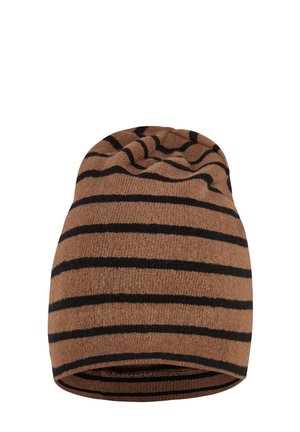 Brown knit beanie with black horizontal stripes, soft texture, slouchy design, rounded top, and rolled edge.