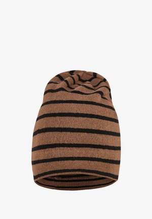Brown knit beanie with black horizontal stripes, soft texture, slouchy design, rounded top, and rolled edge.