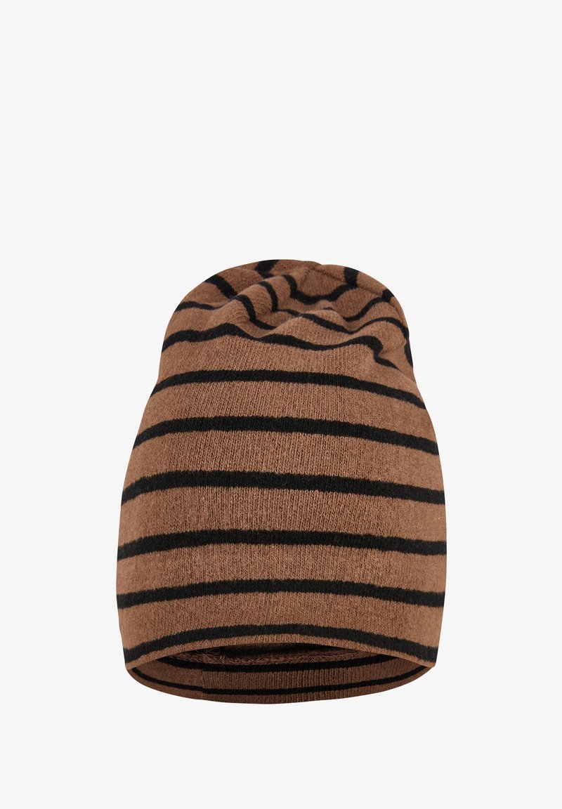 Brown knit beanie with black horizontal stripes, soft texture, slouchy design, rounded top, and rolled edge.