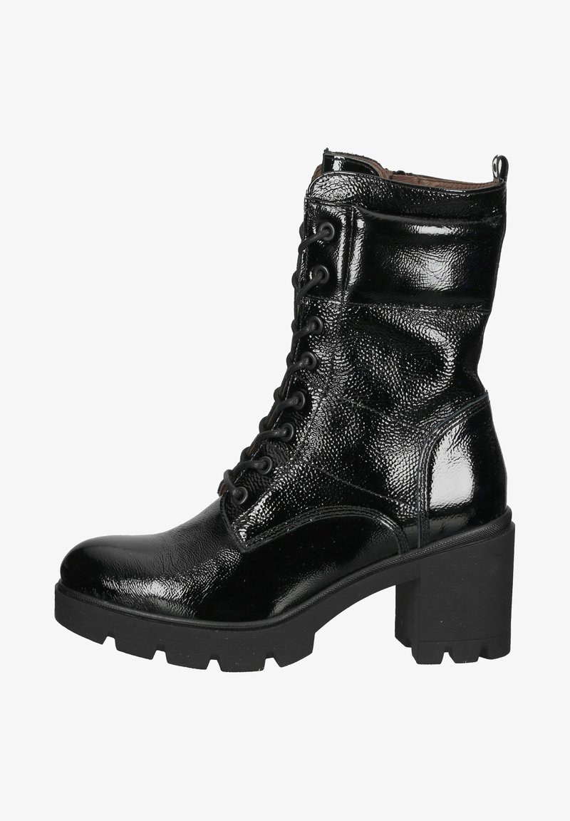 Bottine noire en cuir brillant à lacets, avec talon carré et semelle robuste, dotée d'une languette à l'arrière.