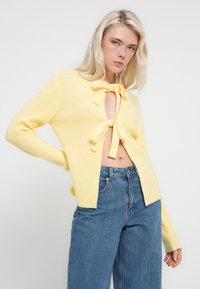 Noor naine kannab kahvatu kollase värvi kootud kardigani, millel on ees kaks lipsu, kombineerituna kõrge vöökohaga siniste teksadega, taustal on lihtne valge sein.