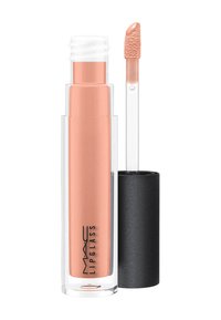 MAC Lipglass med en klar sylinderformet tube som viser en lys ferskenfarge væske. Inkluderer en svart applikatorhette og en myk, teksturert applikator.