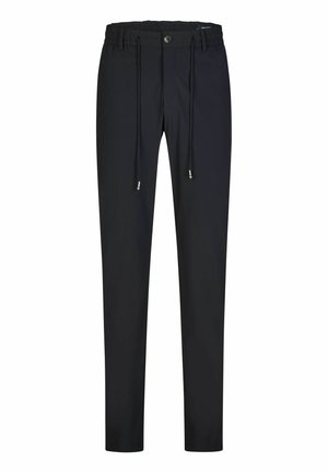 Schwarze Slim-Fit-Hose mit elastischem Bund, vorderer Knopfleiste und Kordelzug mit Metallenden.