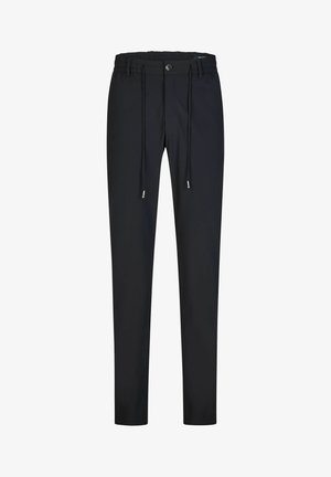 Schwarze Slim-Fit-Hose mit elastischem Bund, vorderer Knopfleiste und Kordelzug mit Metallenden.