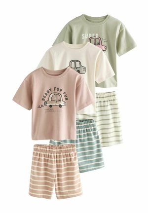 Set von vier Kinder-T-Shirts mit kurzen Ärmeln in Pastellfarben mit grafischen Designs, kombiniert mit gestreiften und einfarbigen Shorts. Weiches Baumwollmaterial.