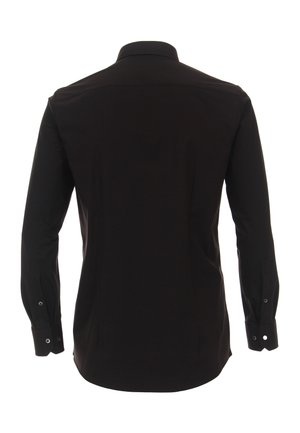 Zwart langemouw shirt met een klassieke kraag, voorzien van een gladde, gestructureerde stof en knoopmanchetten. Achteraanzicht zonder patronen.