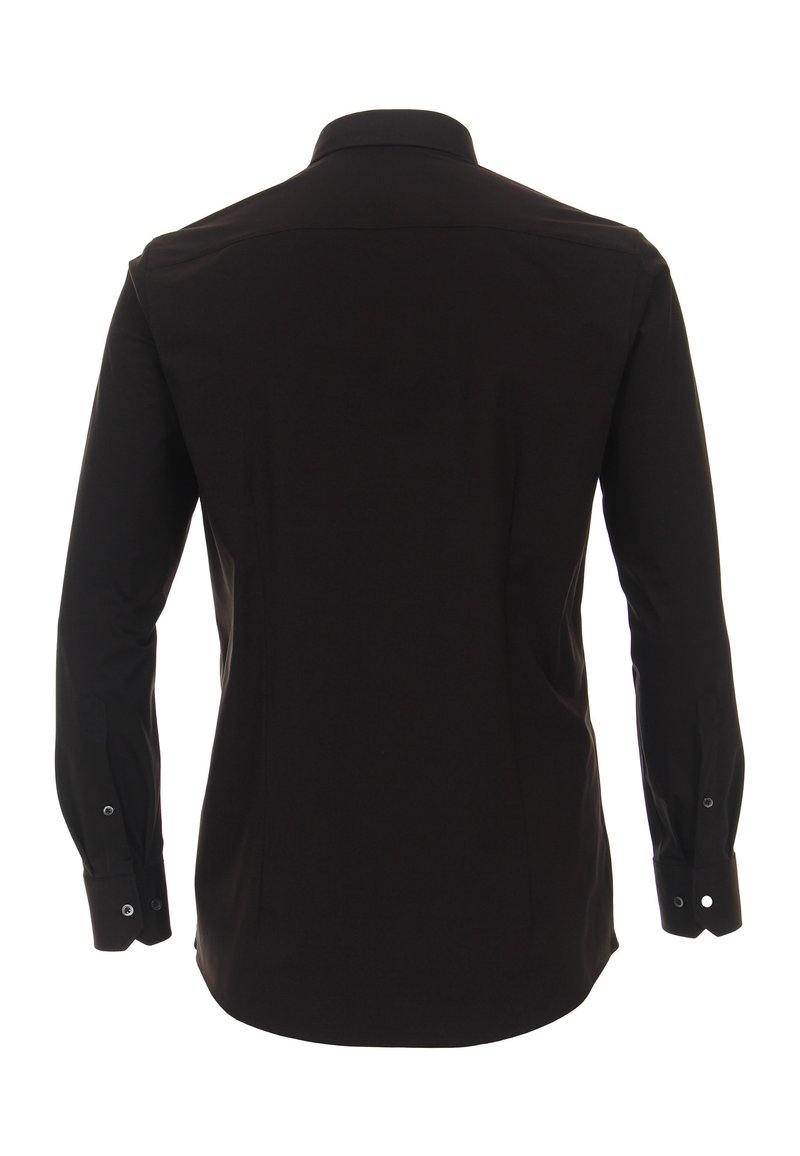 Zwart langemouw shirt met een klassieke kraag, voorzien van een gladde, gestructureerde stof en knoopmanchetten. Achteraanzicht zonder patronen.