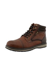 Botas de cuero marrón hasta el tobillo con puntera redondeada, parte delantera con cordones, acentos de doble cremallera y un cuello texturizado y acolchado. Suela de goma.