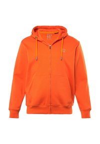 Oranje zip-up hoodie met een trekkoord capuchon, voorzakken, ribgebreide manchetten en een klein logo op de borst. Glad stofoppervlak.