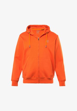 Oranje zip-up hoodie met een trekkoord capuchon, voorzakken, ribgebreide manchetten en een klein logo op de borst. Glad stofoppervlak.