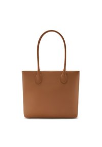 Sac fourre-tout en cuir tan avec deux poignées arrondies, texture lisse et forme rectangulaire. Pas de matériel ou de motifs visibles.