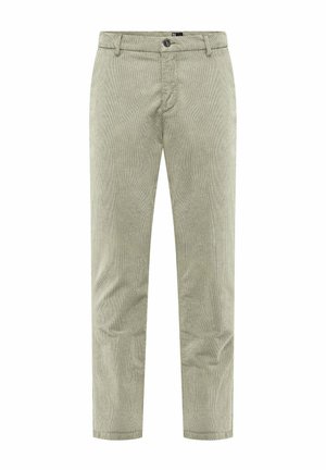 Lichtgroene corduroy broek met een rechte snit, een voorzak en knoopsluiting. Bevat subtiele verticale ribbelstructuur.