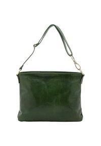Borsa a tracolla in pelle verde con una superficie liscia, forma rettangolare, tracolla regolabile e chiusura con zip sulla parte superiore. Presenta hardware in tonalità dorata.
