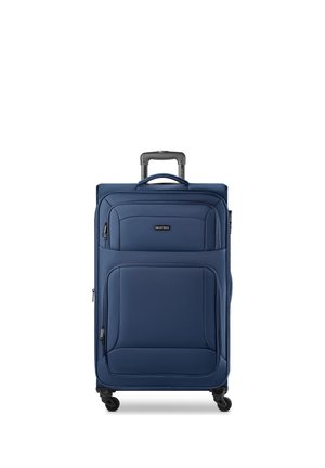 Valise souple bleue avec quatre roues pivotantes, poignée télescopique, poignée de transport supérieure et poches avant zippées.