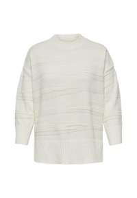 Pulover alb din tricot, cu un model texturat cu dungi orizontale, mâneci largi, guler și margine inferioară ribbate.