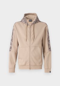 Sudadera con cremallera en color beige, con capucha y mangas con un diseño estampado. Cuenta con una cremallera frontal, puños acanalados y detalles del logotipo en el dobladillo.