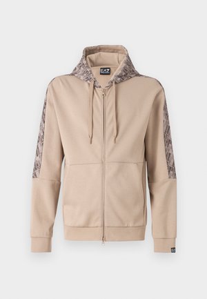 Felpa con zip beige con cappuccio e maniche a fantasia. Presenta una zip frontale, polsini a costine e dettagli con logo sull'orlo.