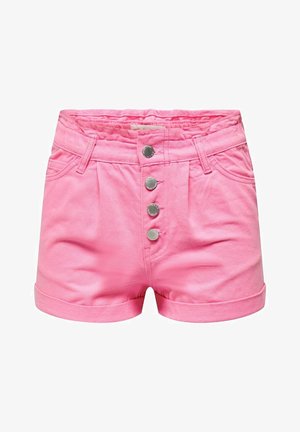 Pink denim shorts featuring a high-waisted design, five silver buttons, and rolled cuffs. Smooth texture with front pockets.