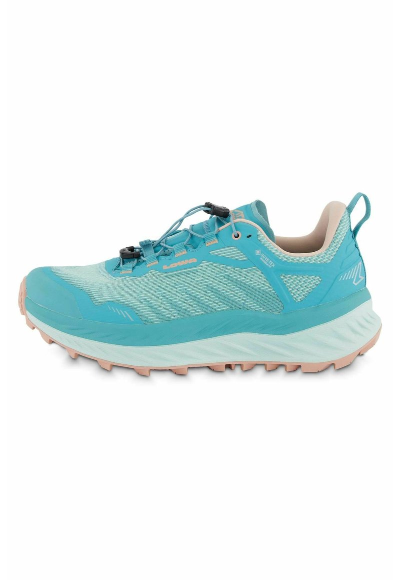 Türkisfarbene Trail-Laufschuhe mit atmungsaktivem Mesh-Obermaterial, Gummisohle und Schnellschnürsystem. Auffällige pinke Akzente an der Außensohle.