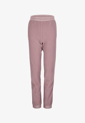 Spodnie dresowe z polaru w jasnoróżowym kolorze z teksturowanym, elastycznym pasem z siateczką zapewniającą przewiewność. Zwężane nogawki zakończone prążkowanymi ściągaczami przy kostkach.