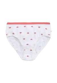 Ropa interior de algodón blanca con una cinturilla rosa, que presenta un patrón repetido de pequeños arcoíris multicolores. Textura suave, estilo clásico de braguita.