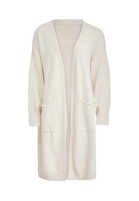 Cardigan lungo, color crema, realizzato in morbido tessuto. Presenta un'apertura frontale, due tasche anteriori e dettagli a coste sui polsini. Design semplice ed elegante.