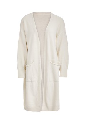 Cardigan lungo, color crema, realizzato in morbido tessuto. Presenta un'apertura frontale, due tasche anteriori e dettagli a coste sui polsini. Design semplice ed elegante.