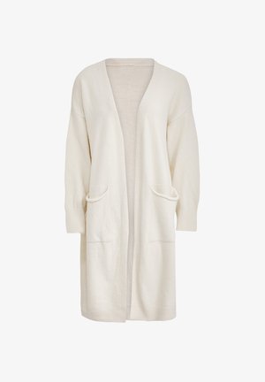 Hosszú, krémszínű kardigán, amely puha szövetből készült. Nyitott elülső résszel, két elülső zsebbel és bordás mandzsettadetaillekkel rendelkezik. Egyszerű és elegáns kialakítás.