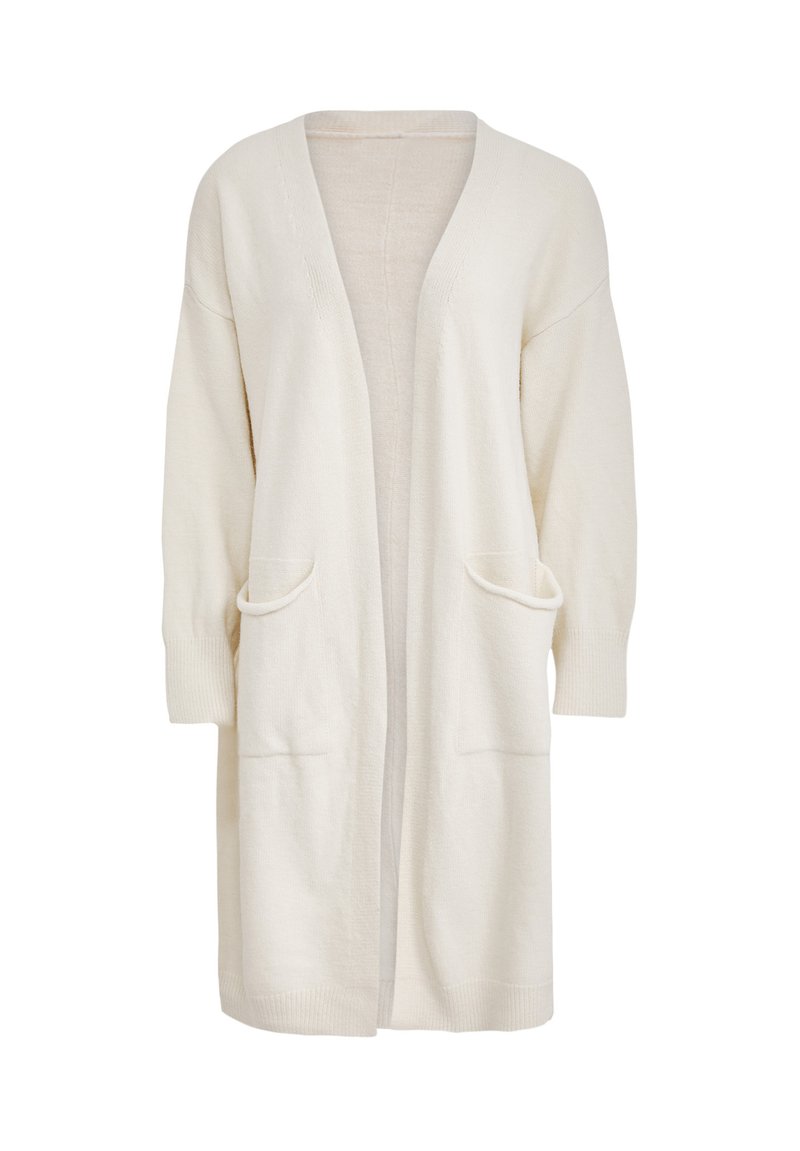 Cardigan lungo, color crema, realizzato in morbido tessuto. Presenta un'apertura frontale, due tasche anteriori e dettagli a coste sui polsini. Design semplice ed elegante.