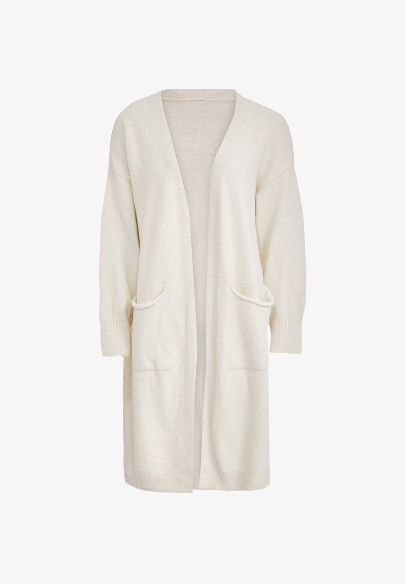 Hosszú, krémszínű kardigán, amely puha szövetből készült. Nyitott elülső résszel, két elülső zsebbel és bordás mandzsettadetaillekkel rendelkezik. Egyszerű és elegáns kialakítás.