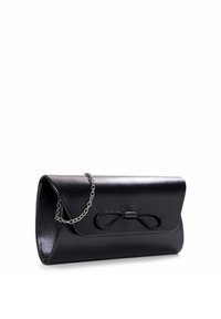 Pochette en cuir noir avec un nœud décoratif et une bandoulière chaîne argentée, présentée en angle pour montrer le devant et le côté sur fond blanc.
