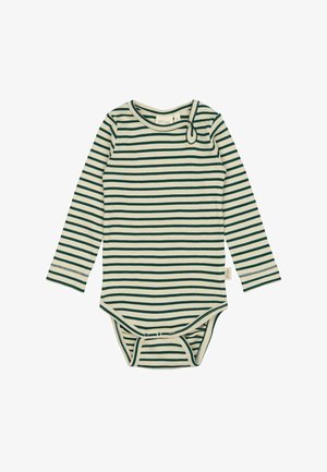 Gestreepte lange mouwen body in roomwit en donkergroen. Geribbelde textuur, ronde halslijn met drukknoopsluiting, en drukknopen aan de onderkant voor gemakkelijk aan- en uittrekken.