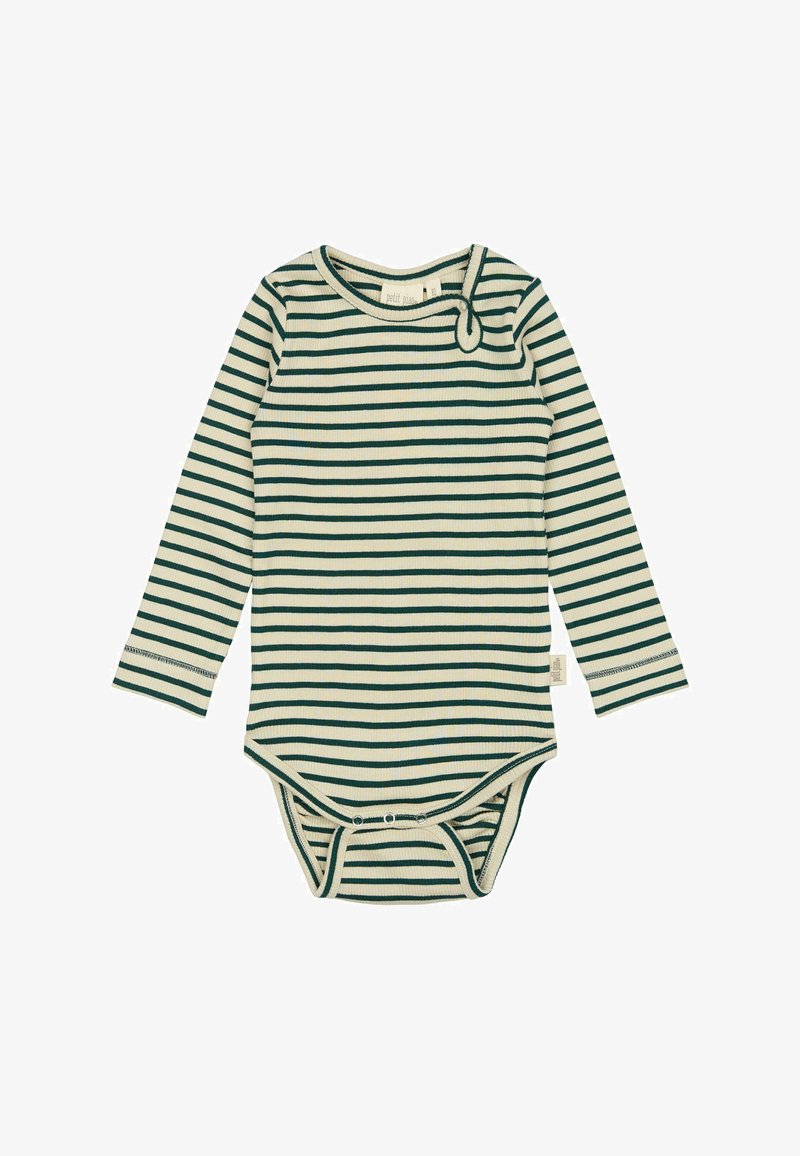 Violetas raštuotas ilgomis rankovėmis bodis kreminės ir tamsiai žalios spalvų. Raukšlėta tekstūra, apvalus iškirpimas su spaudės uždarymu ir apatiniai spaudimo mygtukai, kad būtų lengva apsivilkti.