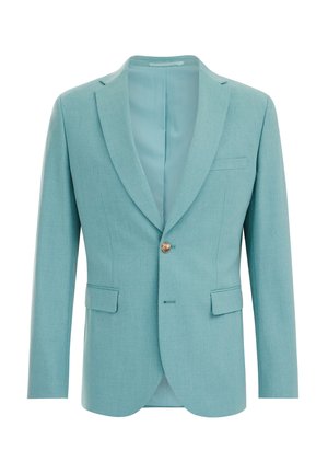 Blazer bleu clair en tissu texturé, avec un revers cranté, deux poches avant et une fermeture à un bouton.