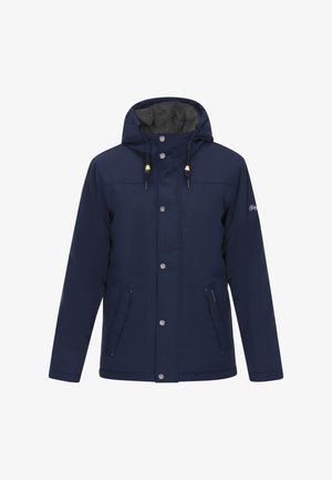 Laivastonsininen vedenpitävä takki, jossa on fleecevuorella varustettu huppu, vetoketjulliset sivutaskut, napillinen etuosa ja säädettävät nyörit istuvuuden säätämiseksi.