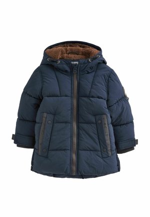 Pardessus imbottito blu navy con cappuccio, fodera in pile marrone, chiusura con zip, bottoni automatici, tasche laterali e dettagli grigi a contrasto.