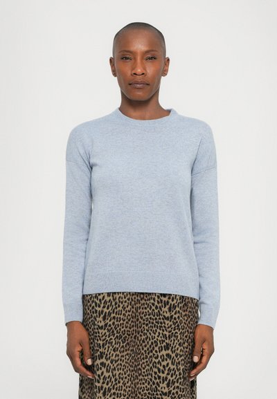 Pull en laine bleu clair avec col rond côtelé et manches longues, associé à une jupe à imprimé léopard, mettant en valeur un motif animal.