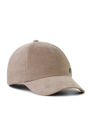 Beżowa czapka baseballowa z sztruksu z zakrzywionym daszkiem i otworami wentylacyjnymi, przedstawiona na białym tle.