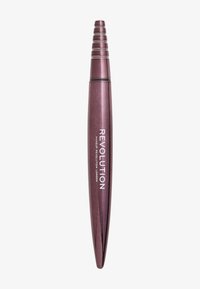 Tubetto di mascara metallico viola con una cima affusolata e design a spirale, caratterizzato dal marchio bianco "Revolution" sul lato. Texture liscia.