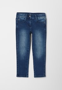 Donkerblauwe denim jeans met een slim fit, voorzien van een vijf-pocket ontwerp, tonale stitching en een ritssluiting met een knoop bij de tailleband.