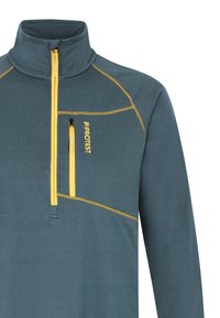 Tamsiai mėlynas polaris megztinis su geltonais akcentais, pusiau užtrauktukas, stovinti apykaklė ir užtrauktuku uždaroma krūtinės kišenė. Tekstūruota medžiaga.