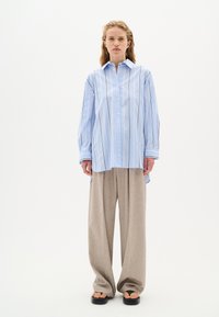 Camicia a righe blu chiaro con bottoni, dal fit morbido, abbinata a pantaloni larghi beige e sandali neri flat. Tessuto di texture liscia.