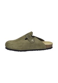 Green corduroy slip-on clog with a rounded toe, adjustable strap, and textured surface. Black rubber sole for traction.